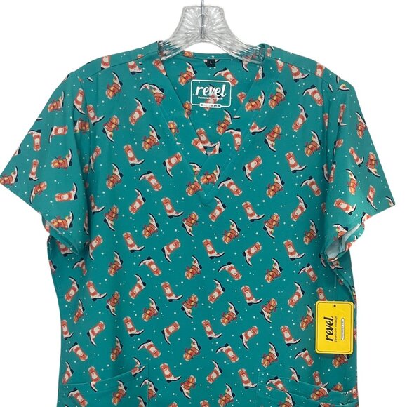 Revel Christmas Boots Scrub Top Womens Large Green New Premium Stretch - Picture 3 of 10